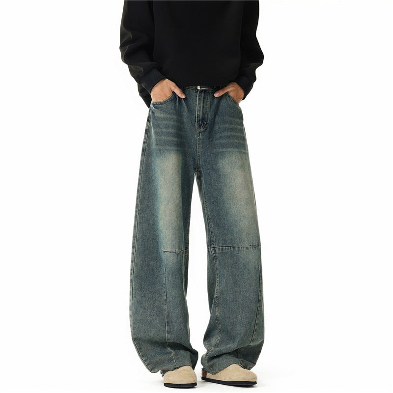 Men's wide-cut baggy jeans with high rise, knee darts, and distressed wash Chichicherry