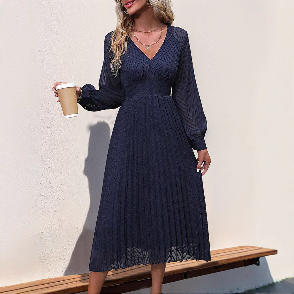 Women's Pleated Midi Dress with V-Neck, Tailored Fit & Transparent Balloon Sleeves Chichicherry