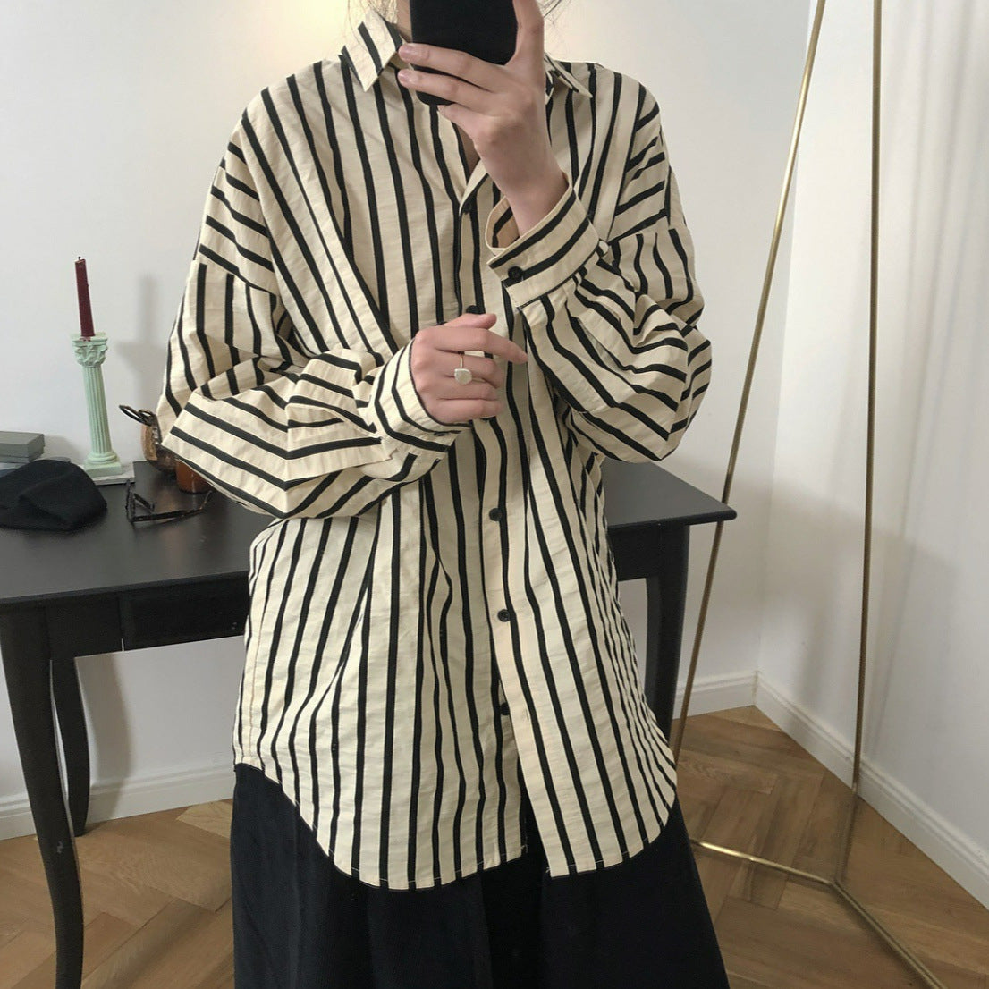 Women Striped Oversized Shirt Blouse with Drop Sleeves and Button Cuffs Chichicherry