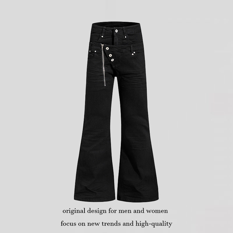 Women's Wide Flared Jeans with Asymmetrical Zipper and Button Closure Chichicherry
