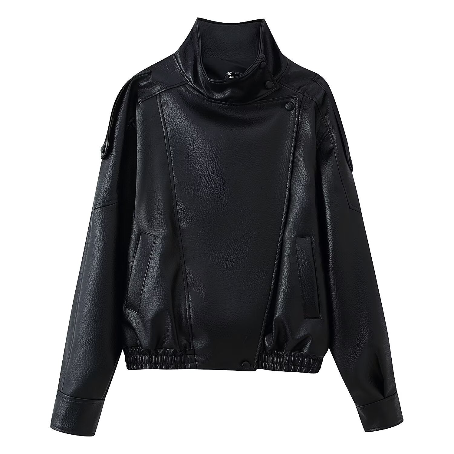 Women's Short Cut Faux Leather Bomber Jacket with High Stand Collar, Asymmetric Snap Button Placket and Elastic Hem Chichicherry