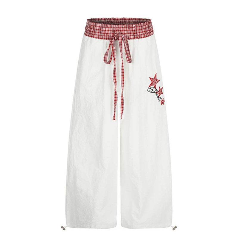 Women's Palazzo Lounge Pants with High Drawstring Waist, Checkered Comfort Waistband and Star Applique Chichicherry