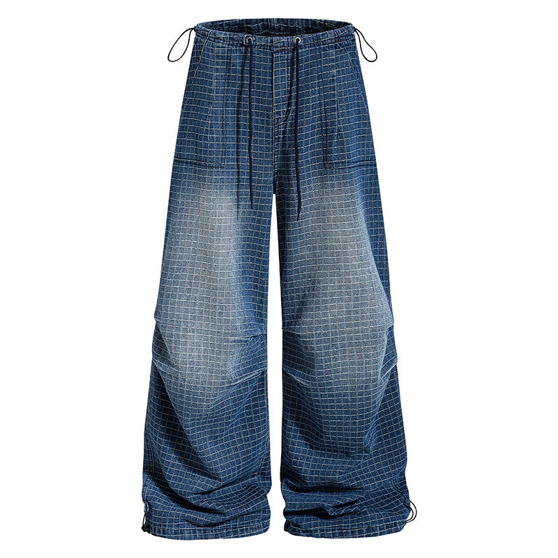 Women's Loose High-Waist Culotte Jeans with Drawstring, Check Pattern and Adjustable Hem Chichicherry