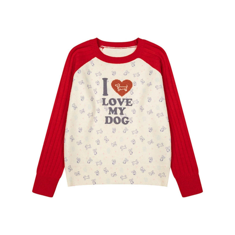 Women's knitted raglan sweater with heart dog motif, ribbed sleeves and all-over print Chichicherry