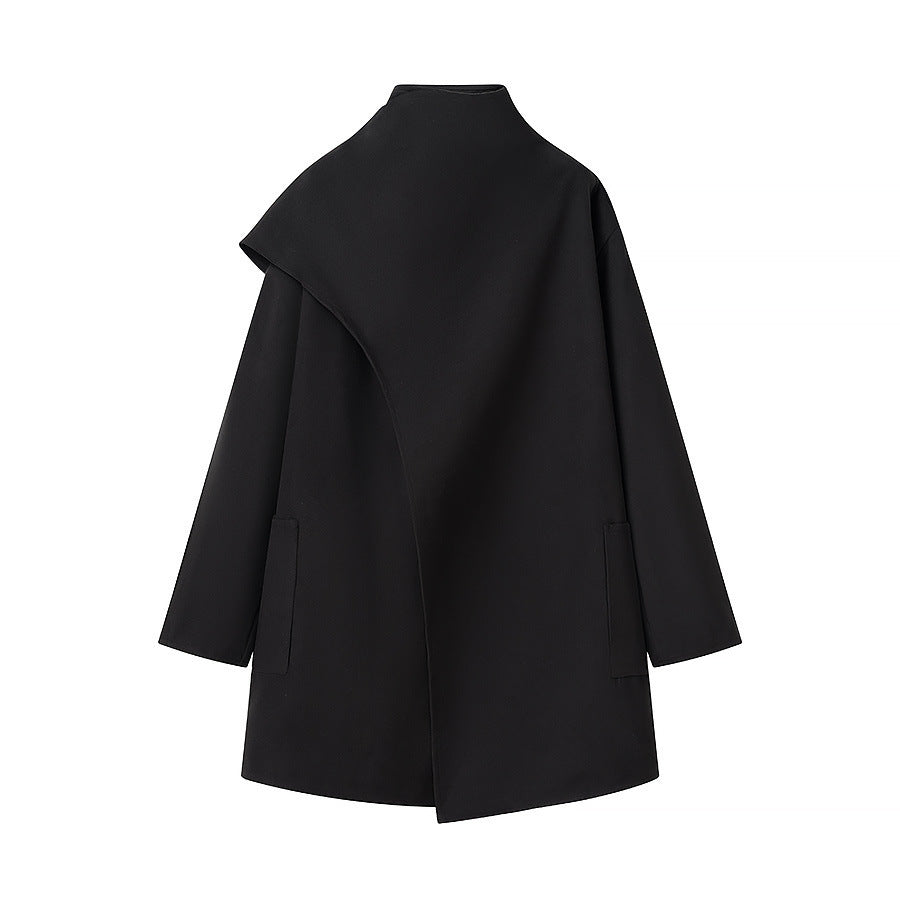 Women's oversized coat with stand-up collar, asymmetrical overlay, and patch pocket Chichicherry