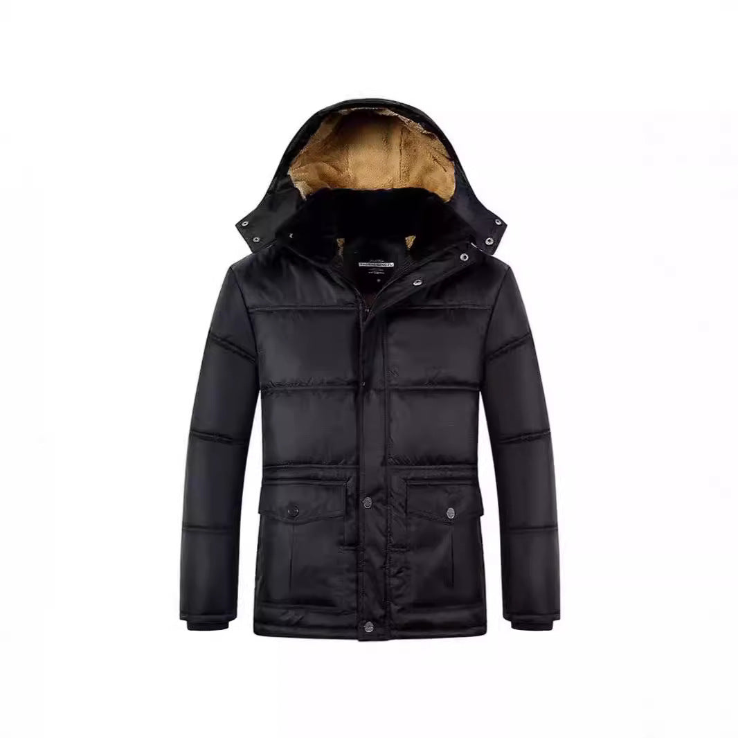 Men's Long Thermal Insulated Quilted Parka with Teddy Lining, Hood, and Flap Pockets