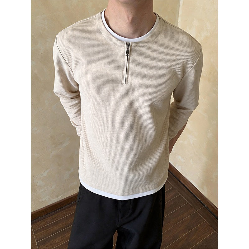 Men's Structured Long Sleeve Pullover with Half Zipper and Contrast Trim Chichicherry