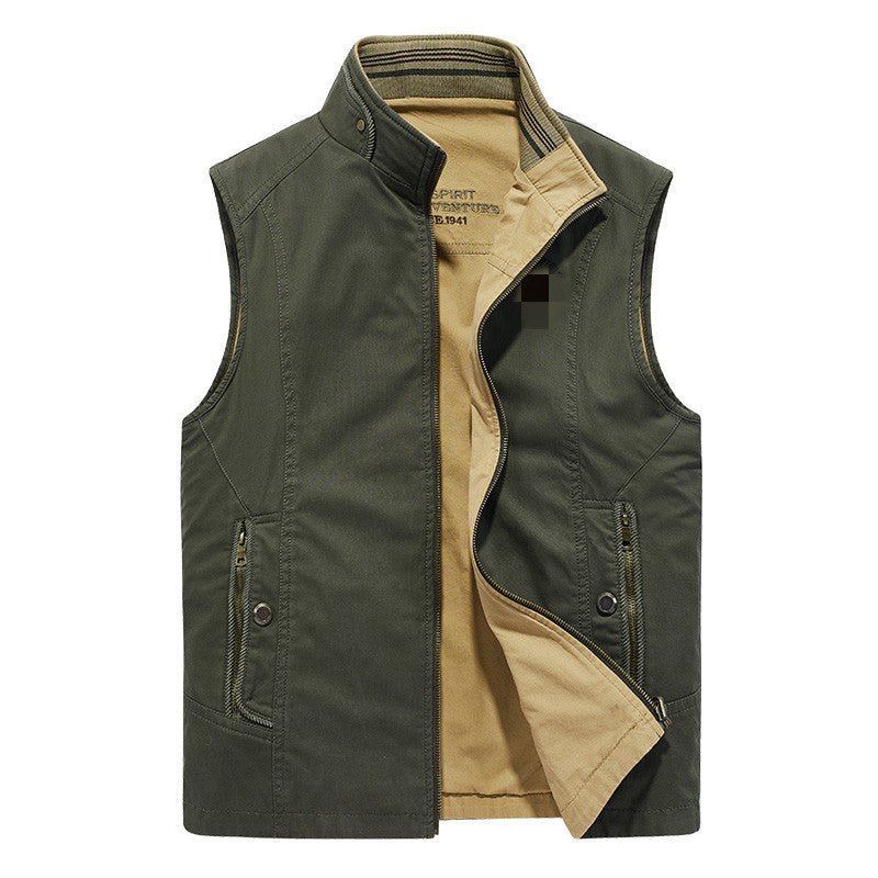 Men's Canvas Utility Vest with Stand Collar, Full-Length Zipper, and Multifunctional Outer Pockets Chichicherry