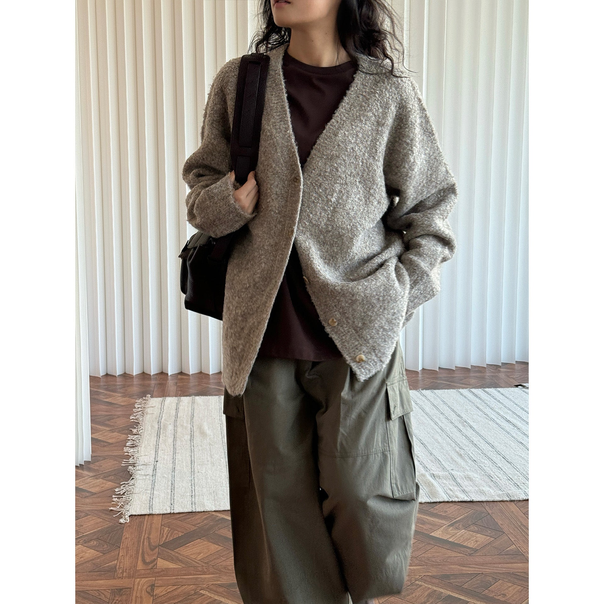 Ladies Boxy Cardigan made of fluffy bouclé wool blend with deep V and button placket Chichicherry