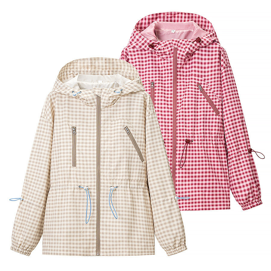 Women's Lightweight Checkered Hooded Jacket with Drawstring and Zipper Pockets Chichicherry