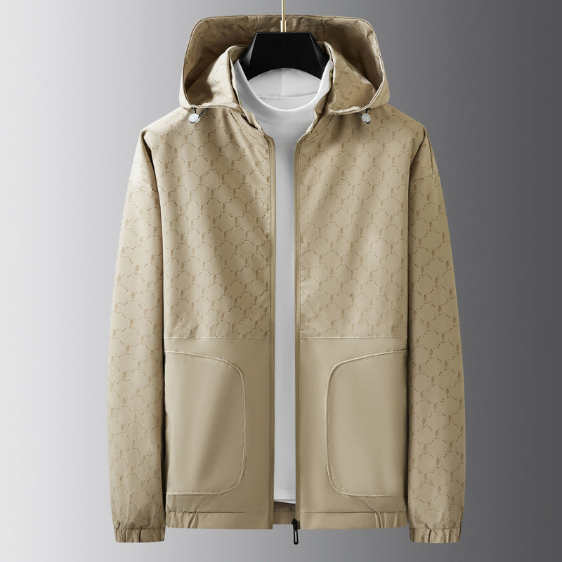 Men's Light Water-Repellent Hooded Outdoor Jacket with Allover Pattern and Large Pockets Chichicherry