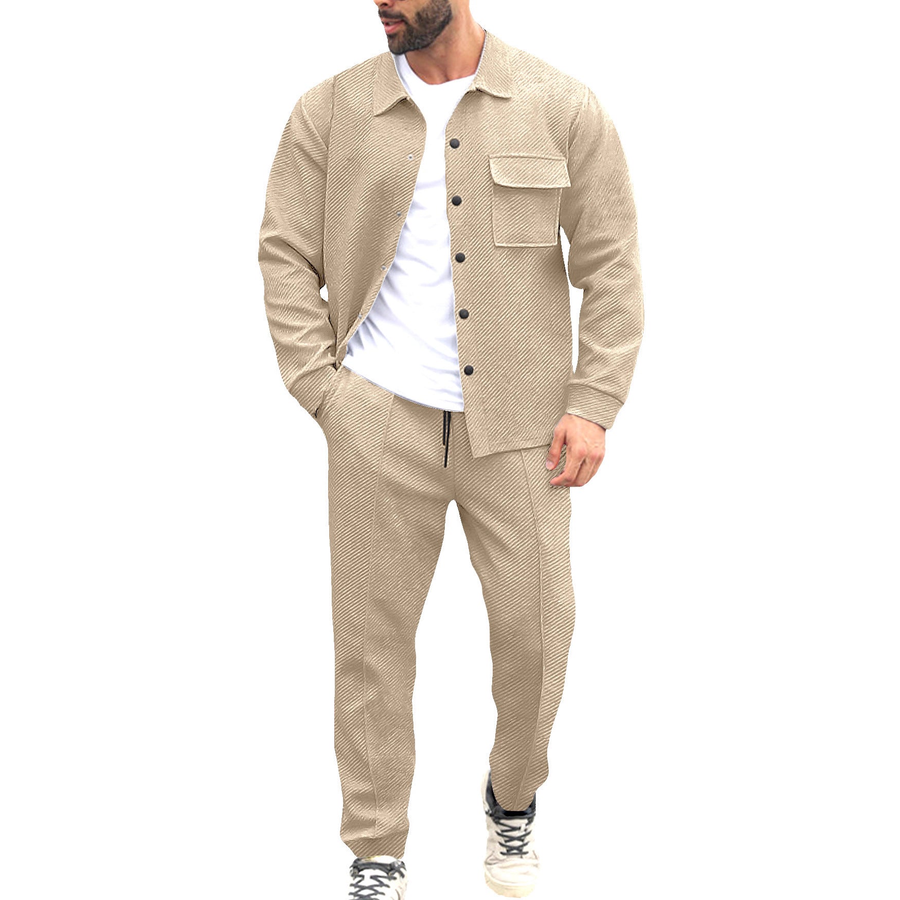 Men's Comfort Two-Piece Waffle Structure Shirt Jacket with Flap Pocket and Relaxed Cuff Pants Chichicherry