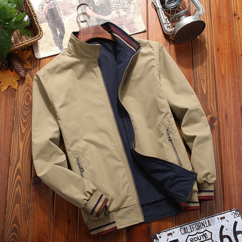 Men's Lightweight Bomber Jacket in Urban Utility Look with Striped Ribbed Cuffs & Zipper Pockets Chichicherry