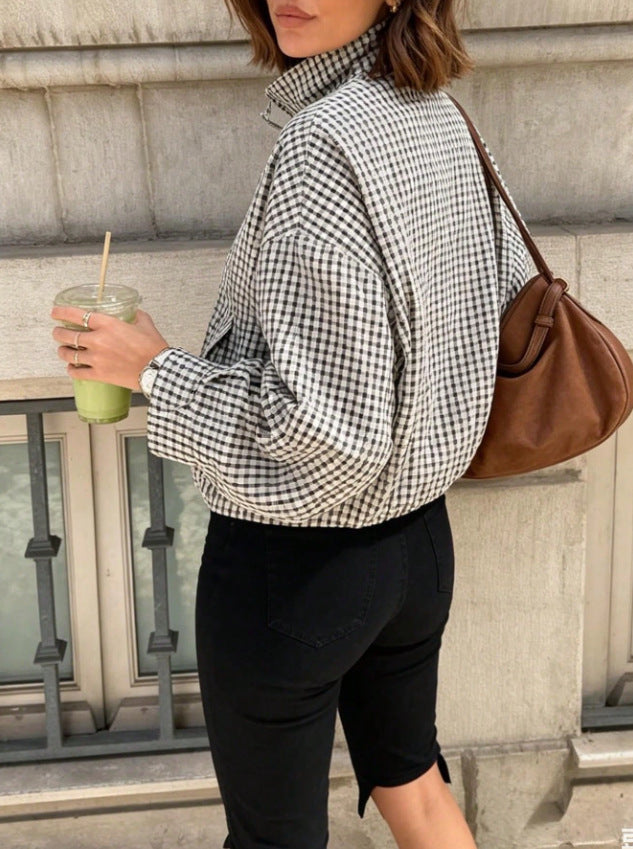 Women Oversize Checkered Blouson Jacket with Stand-up Collar Chichicherry
