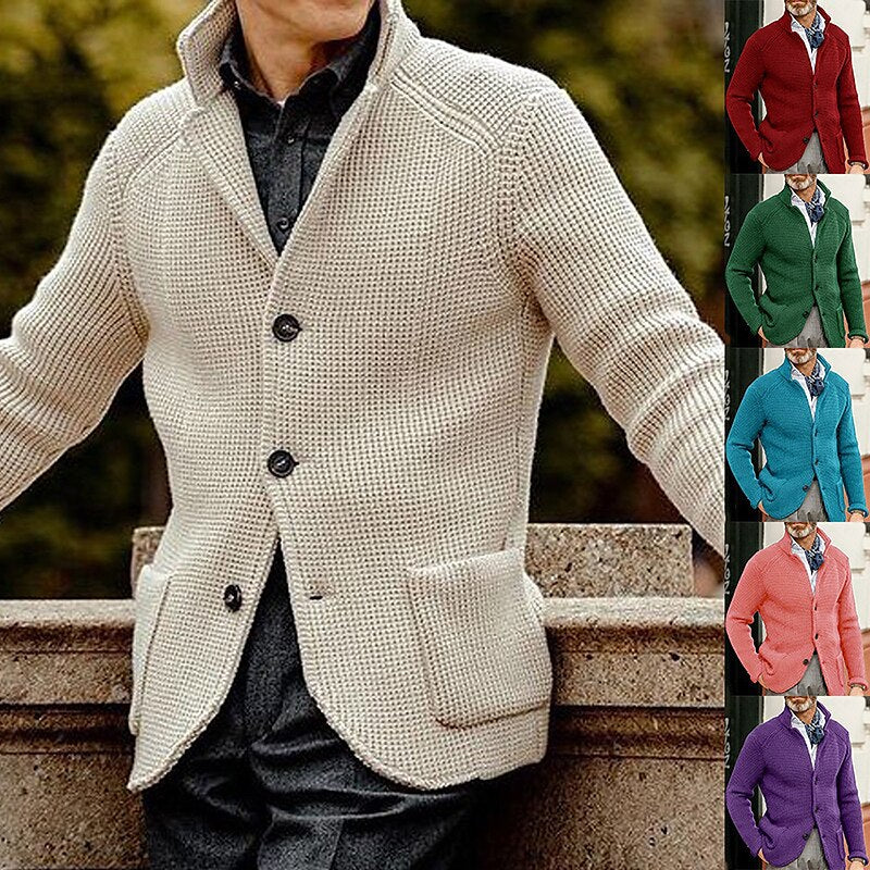 Men's Waffle Structure Cardigan Blazer with Stand-Up Collar and Patch Pockets Chichicherry