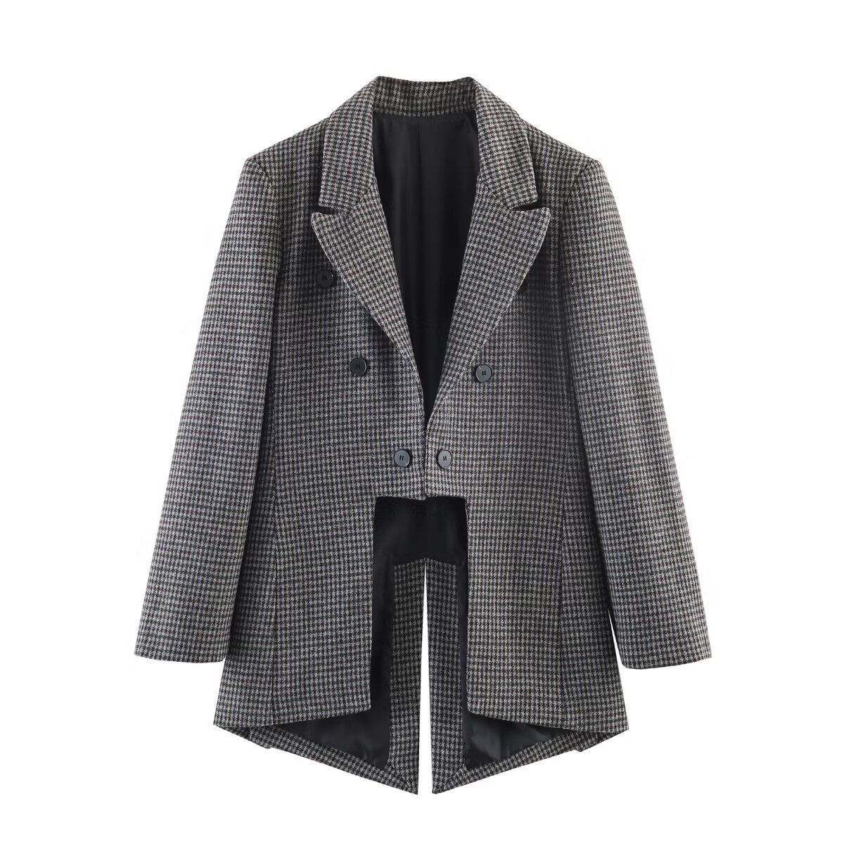 Women Double-breasted Houndstooth Blazer with Cutaway Hem and Vent Chichicherry