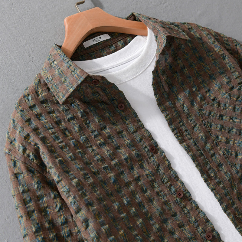 Men's Lightweight Crinkle Check Overshirt made of Cotton Blend with Applied Chest Pocket Chichicherry