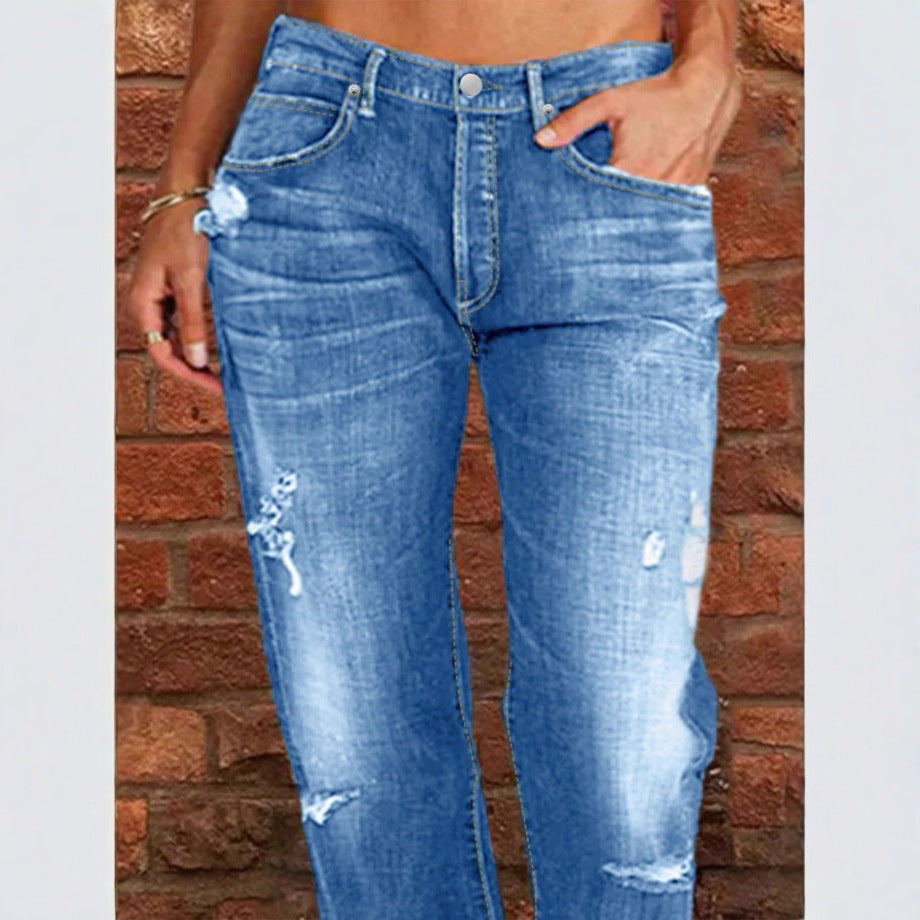 Women's casual loose denim pants in baggy style with distressed rips Chichicherry
