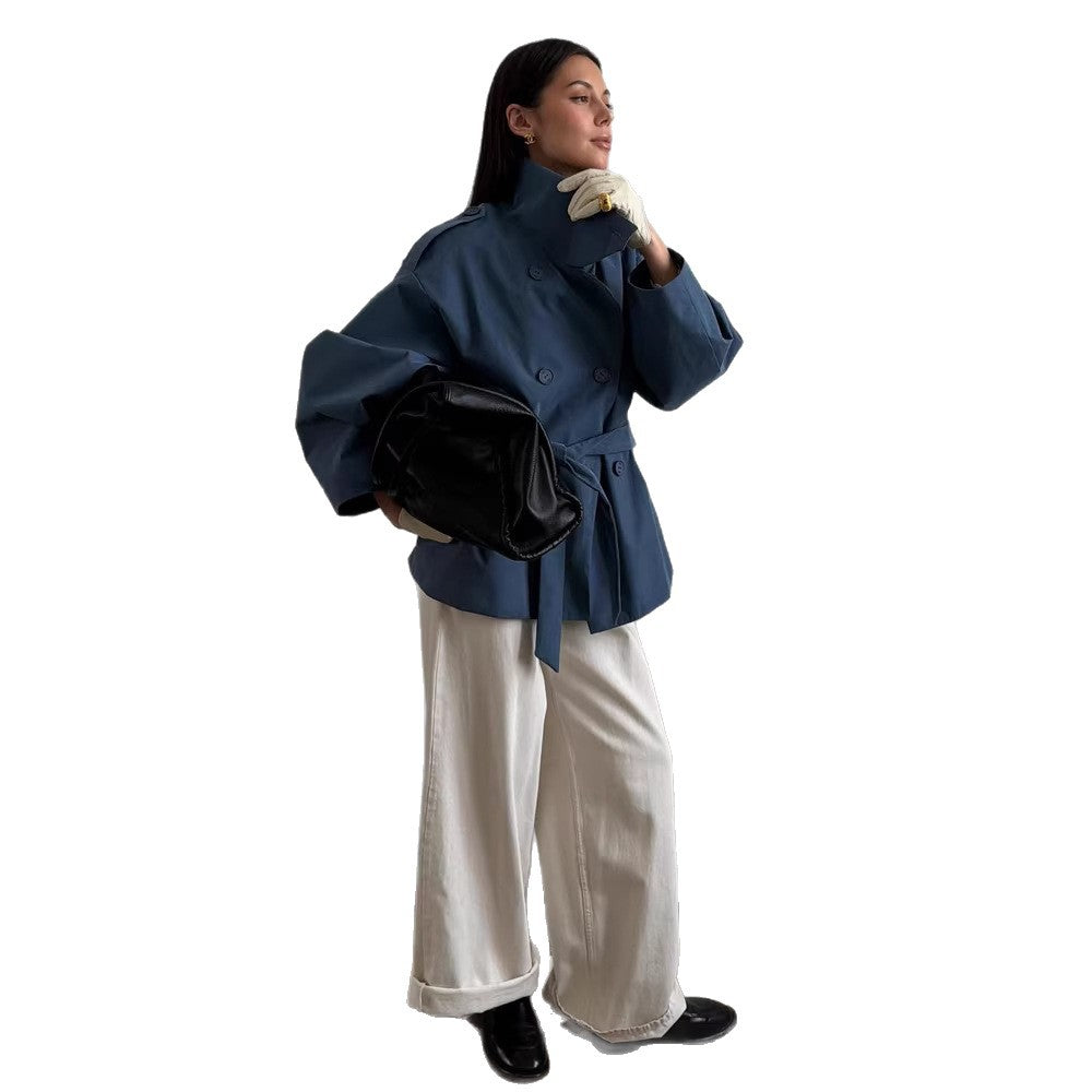 Women's Oversize Cropped Trench Coat with Wide Lapels and Tie Belt Chichicherry