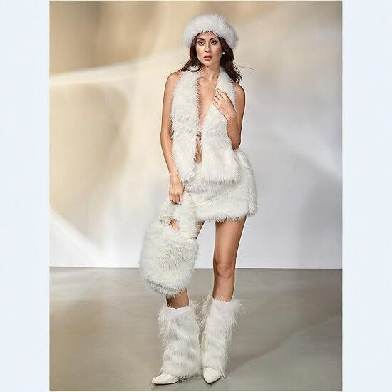 Women's multi-piece luxurious faux fur set with vest, hat, mini skirt, bag and cuffs Chichicherry
