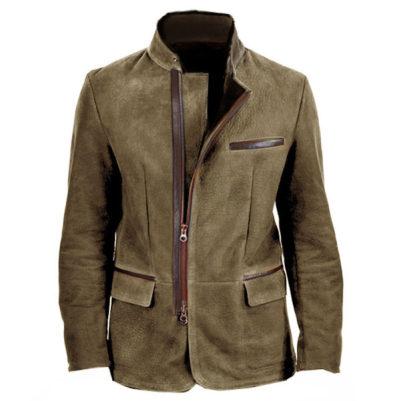 Men's suede field jacket in pilot style with stand-up collar, asymmetrical double-opening zipper and contrasting leather trims Chichicherry