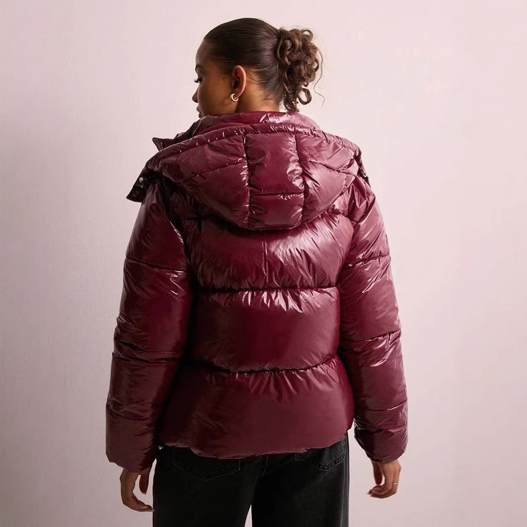 Women's quilted puffer jacket with hood, high stand-up collar, and two-way zipper Chichicherry
