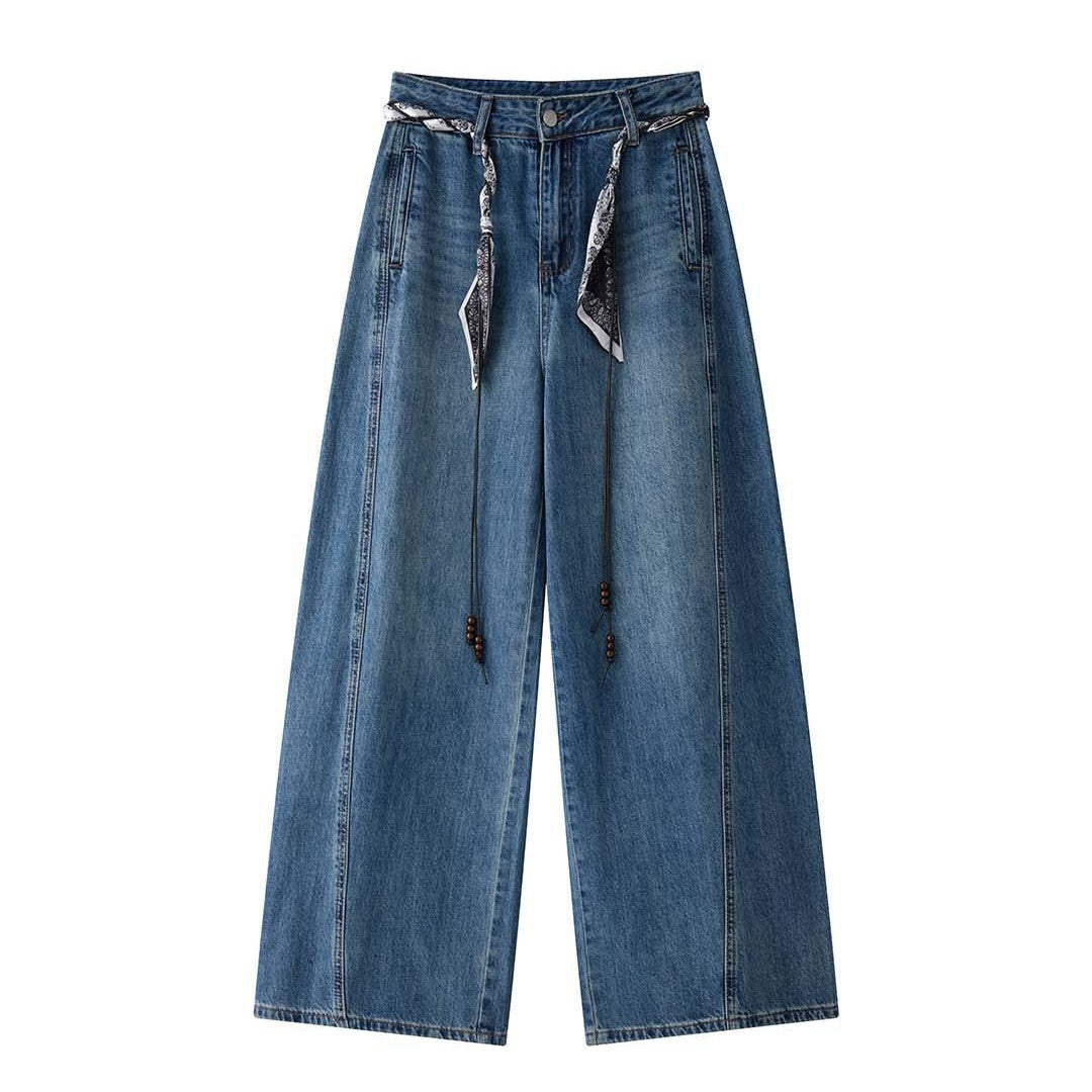 Women's Wide High-Waist Denim Baggy Pants with Bandana Lacing and Pearl Straps Chichicherry