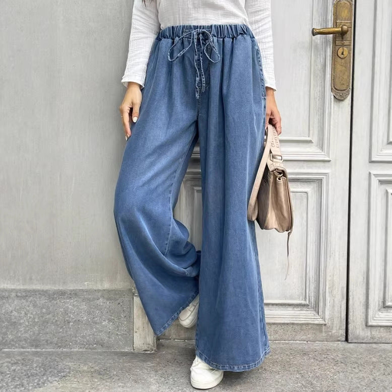 Women's Relaxed Palazzo Jeans with Drawstring Waist, Side Pockets and Extra Wide Leg Chichicherry