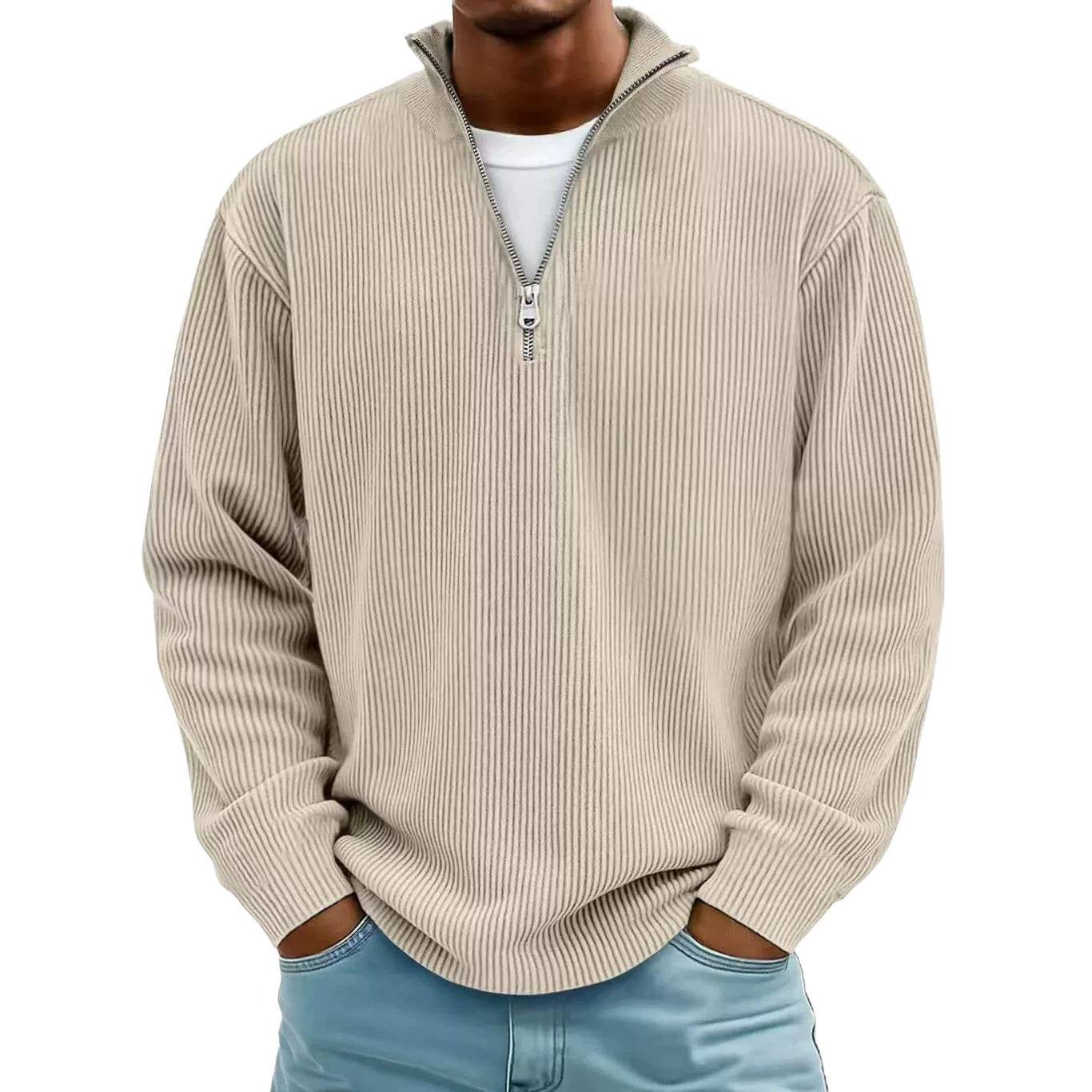 Men's Ribbed Half-Zip Knit Sweater with Stand Collar and Relaxed Fit Chichicherry