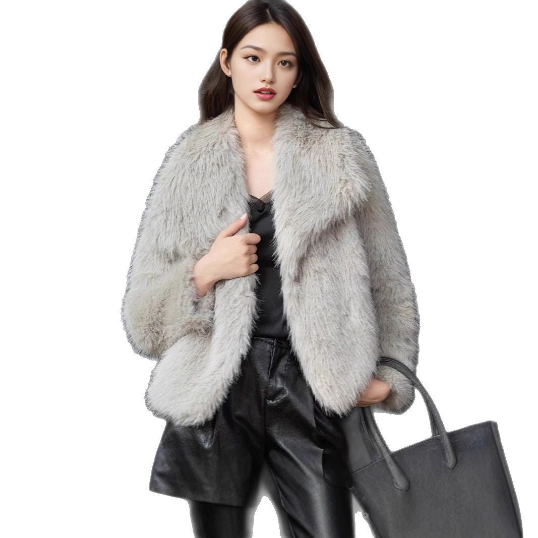 Women Short Faux Fur Jacket with Voluminous Shawl Collar Chichicherry