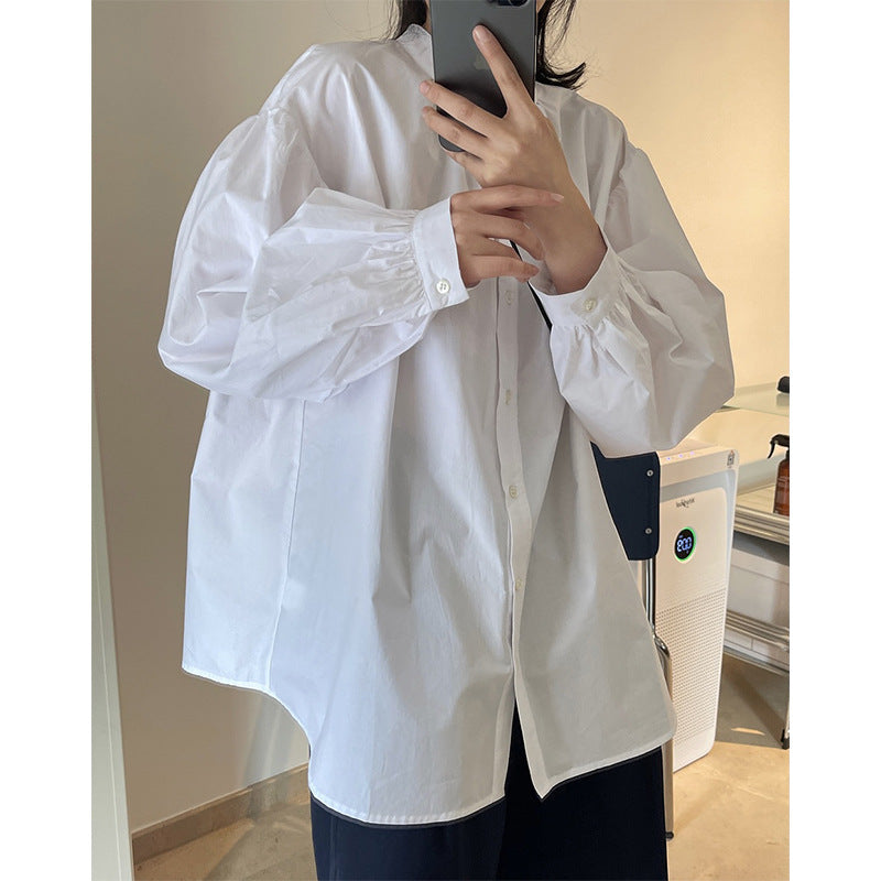 Women's Oversized Cotton Blouse with Stand Collar and Balloon Sleeves Chichicherry