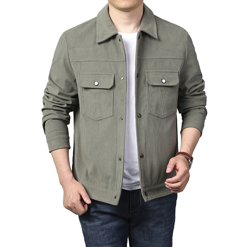 Men's Cord Worker Jacket in Trucker Style with Snap Button Closure and Flap Pockets Chichicherry