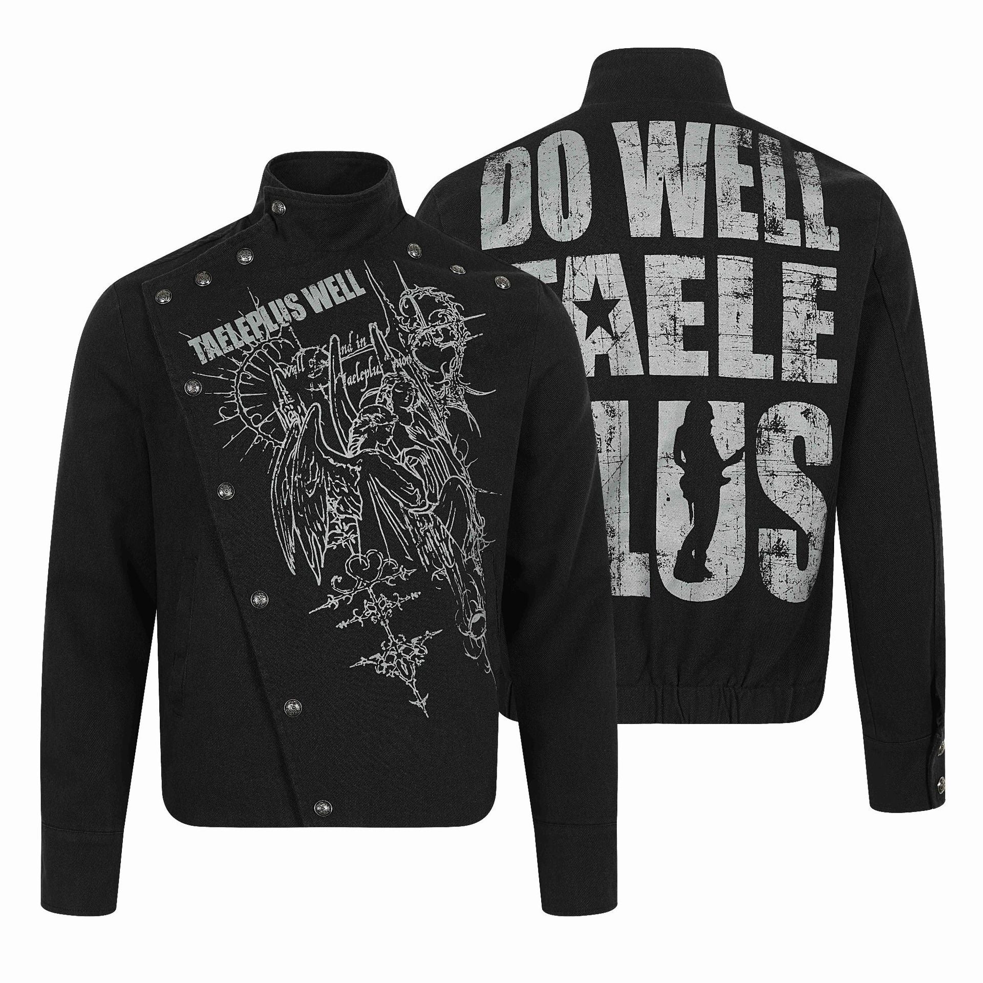 Men's Asymmetrical Blouson Jacket with Stand Collar, Metal Button Trim and Graphic Print Chichicherry