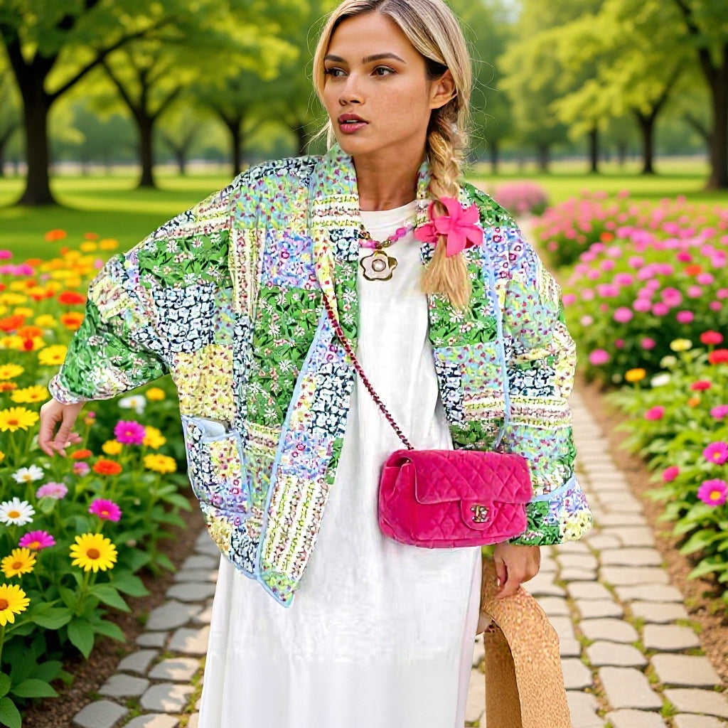 Ladies quilted patchwork quilted jacket with open shawl collar and patch pockets Chichicherry