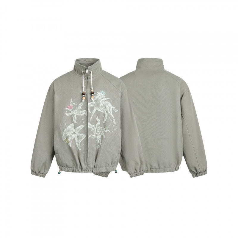 Women's lightweight bomber jacket made of cotton blend with stand-up collar, pearl cord, and mystical print Chichicherry
