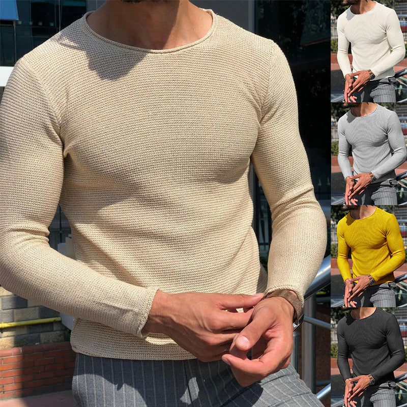 Men's Slim Fit Structured Knit Long Sleeve Sweater with Round Neck Chichicherry