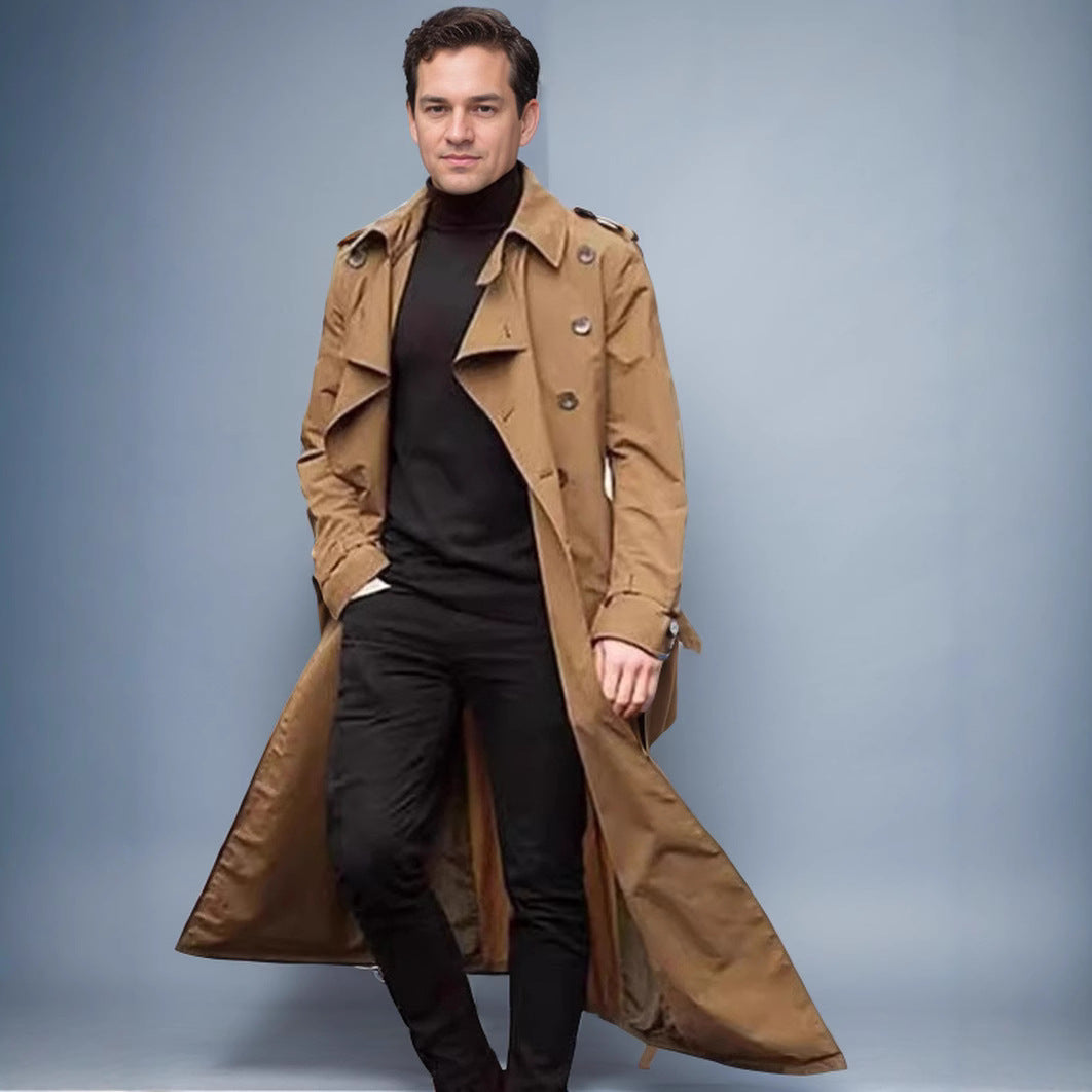 Herren Wasserabweisender Long-Trenchcoat mit doppelter Knopfleiste, Schulterklappen und verstellbarem Taillengürtel Chichicherry