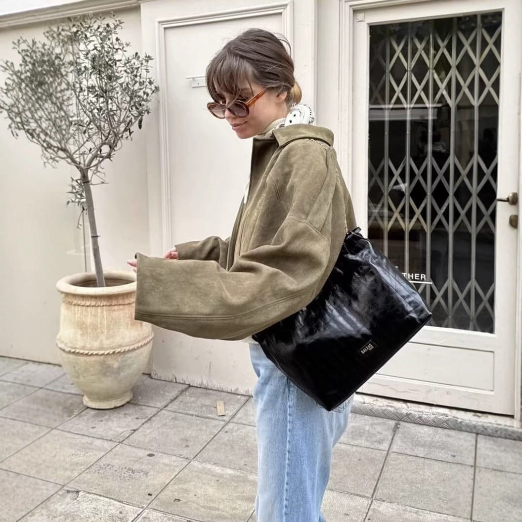 Women's Short Boxy Jacket in Oversized Suede Look with Balloon Hem Chichicherry