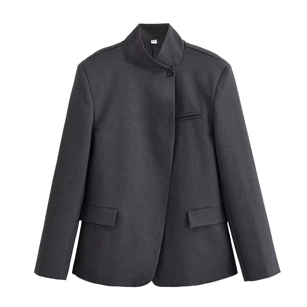 Women's structured short blazer in a minimal style with stand-up collar and concealed button placket Chichicherry