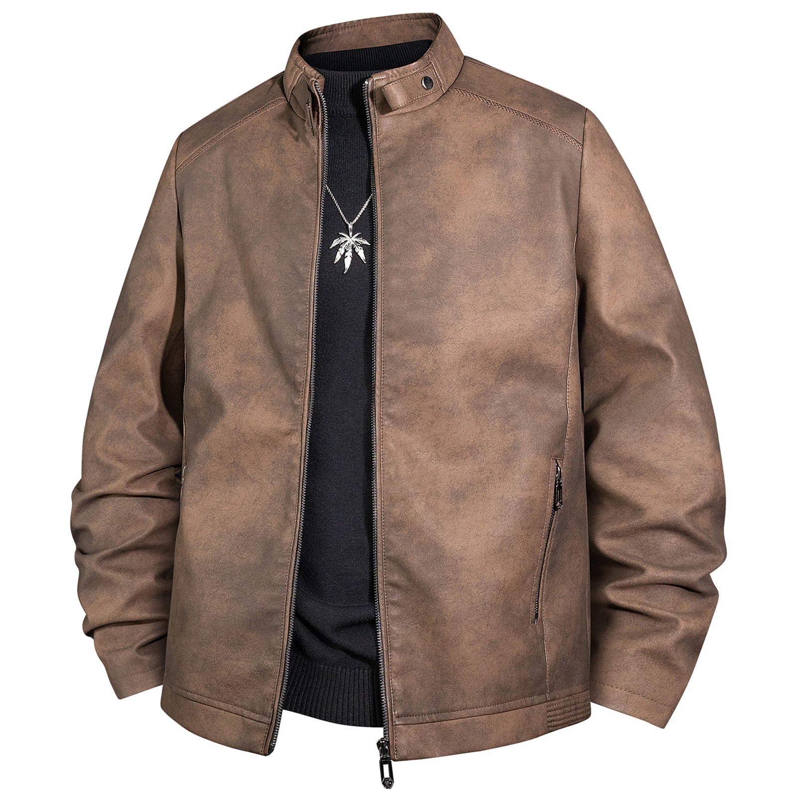 Men's Vintage Leather Look Bomber Jacket with Stand-up Collar and Zipper Chichicherry