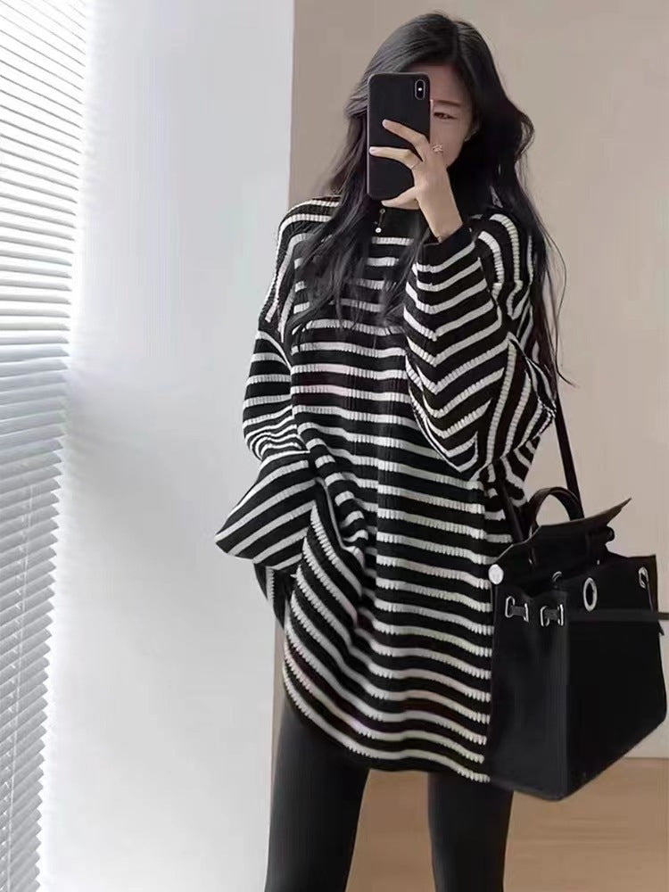 Women's Oversize Knit Long Sweater with Horizontal Stripe Structure Chichicherry
