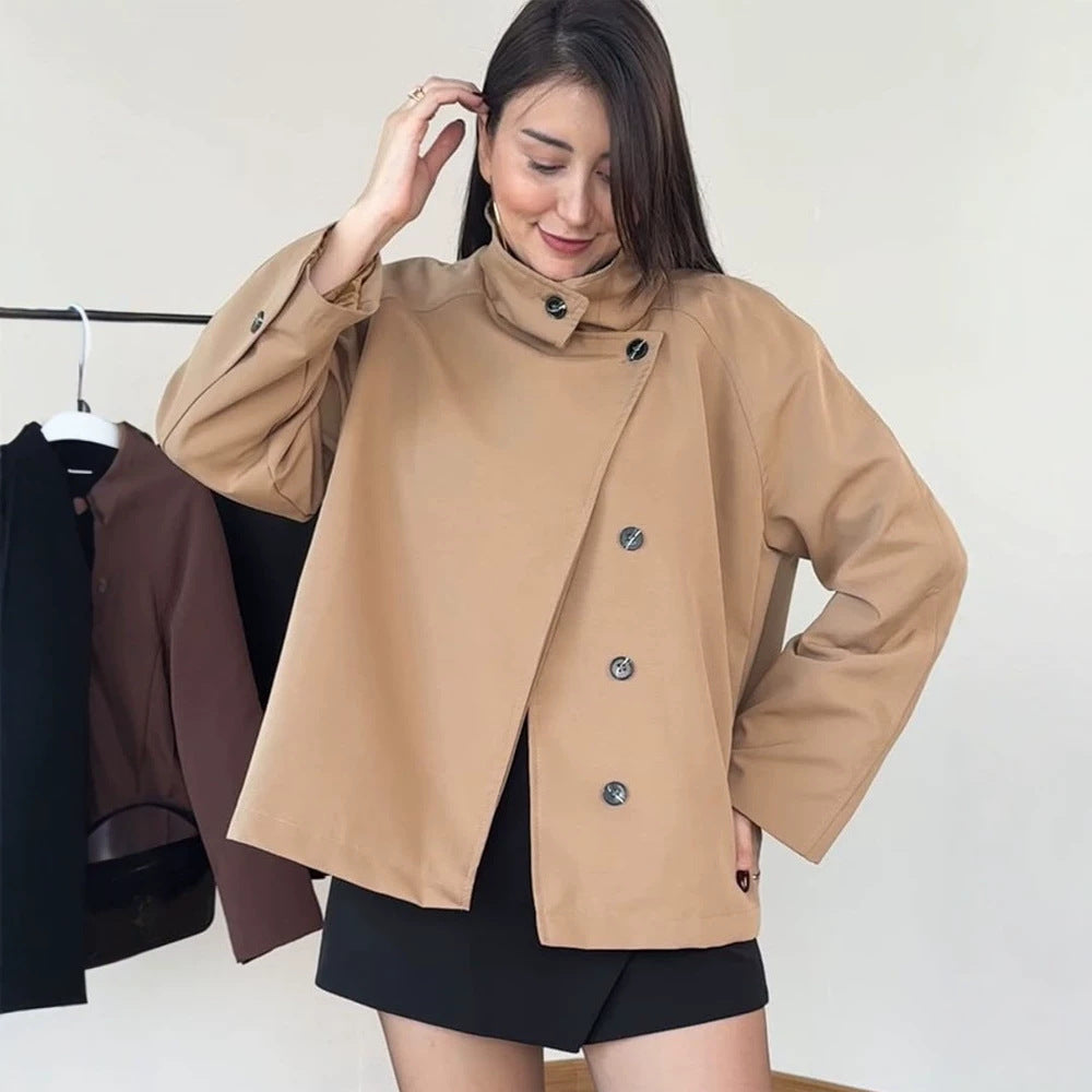 Women's short A-line coat jacket with stand-up collar and asymmetrical button placket Chichicherry