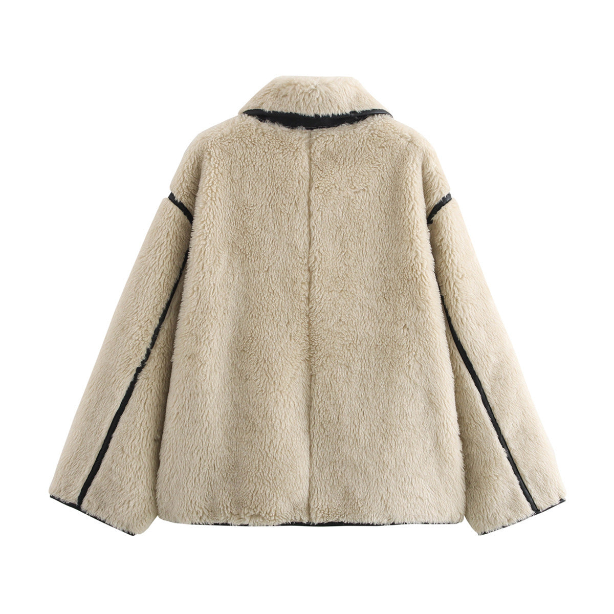 Women Short Cut Faux Fur Field Coat with Oversized Shawl Collar and Contrasting Piping Chichicherry