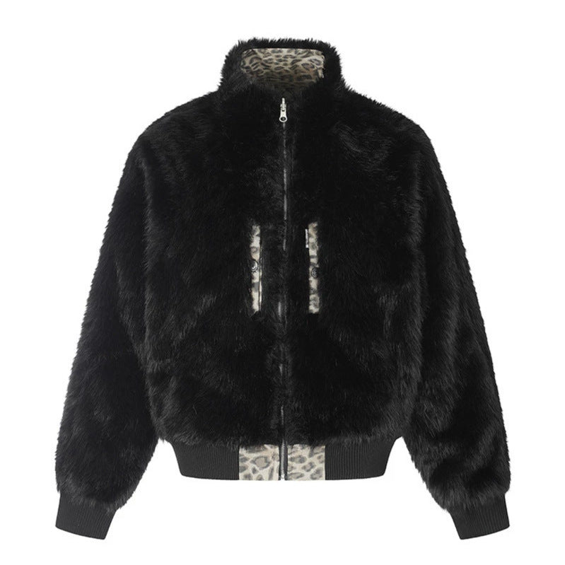 Women quilted bomber jacket with faux fur stand-up collar, all-over leopard print and ribbed cuffs Chichicherry