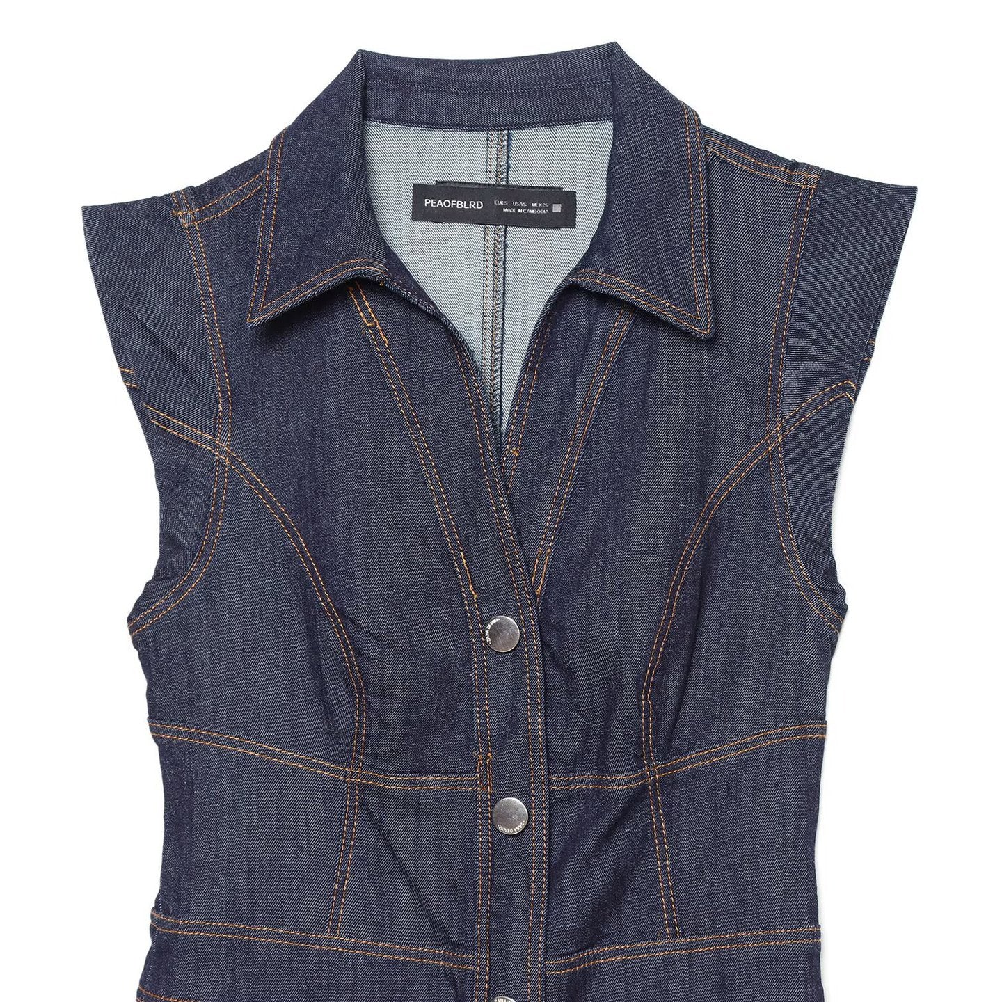 Women's Sleeveless Denim Maxi Dress with Shirt Collar, Tailored Silhouette and Continuous Snap Button Placket Chichicherry