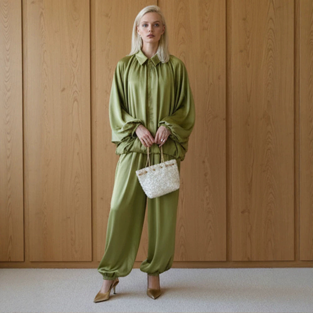 Women Elegant Satin Two-Piece Set with Oversize Blouse and Wide Palazzo Pants Chichicherry