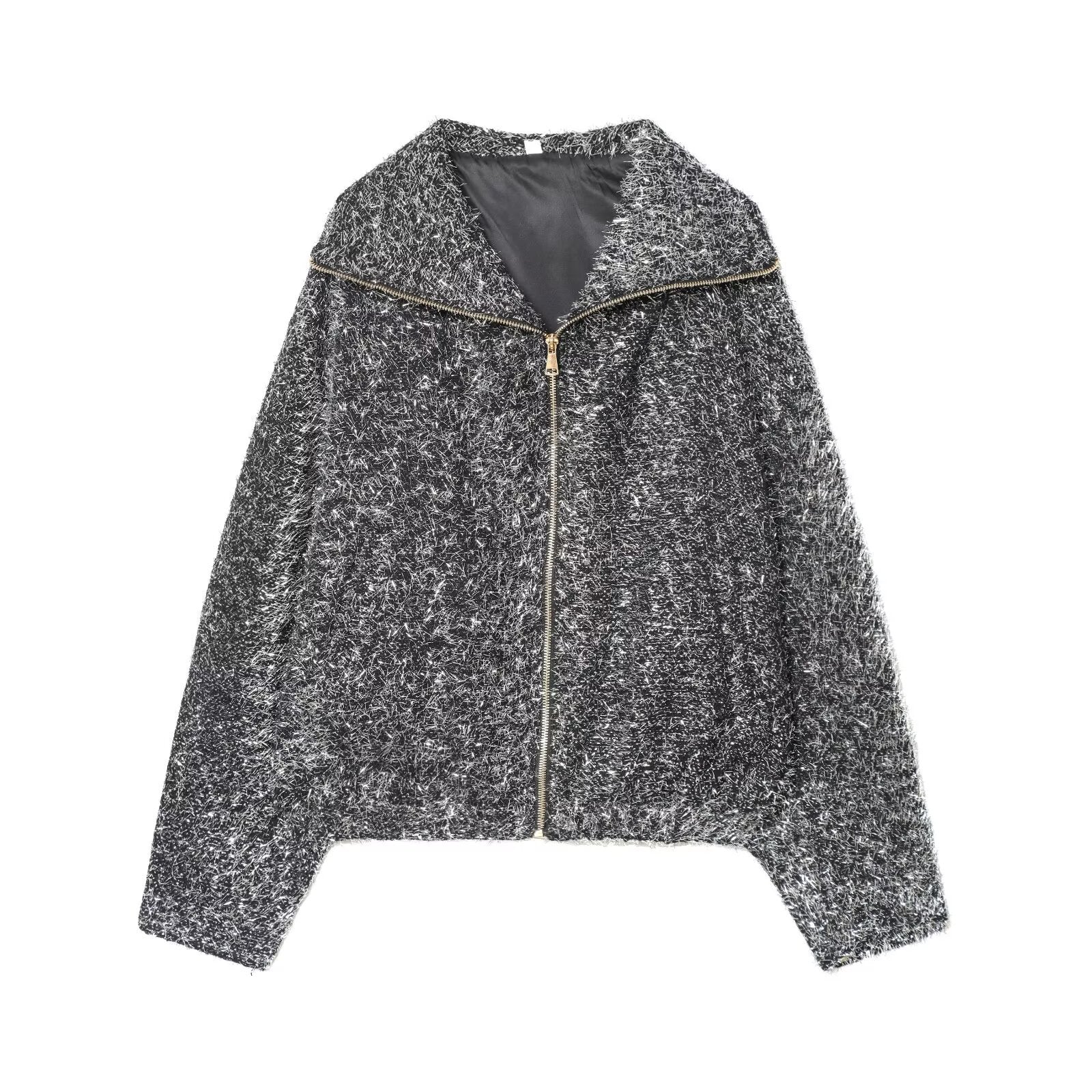Women's cropped bouclé jacket with metallic effect and full-length zipper Chichicherry