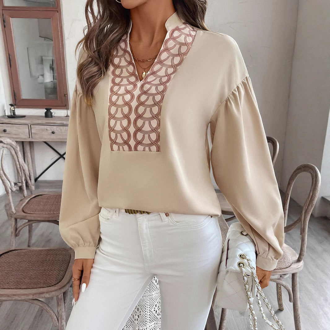 Ladies blouse with stand-up collar, embroidered V-patch and balloon sleeves Chichicherry