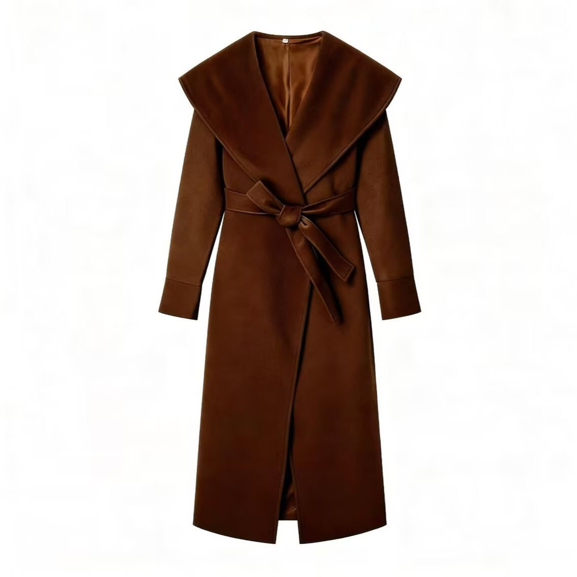 Women Elegant Coat with Oversized Shawl Collar and Tied Belt Chichicherry