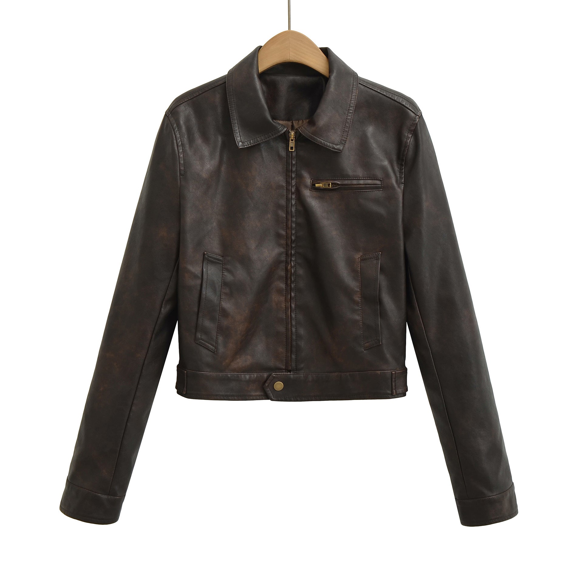 Men's vintage-inspired bomber style leather jacket with zipper and chest pocket Chichicherry